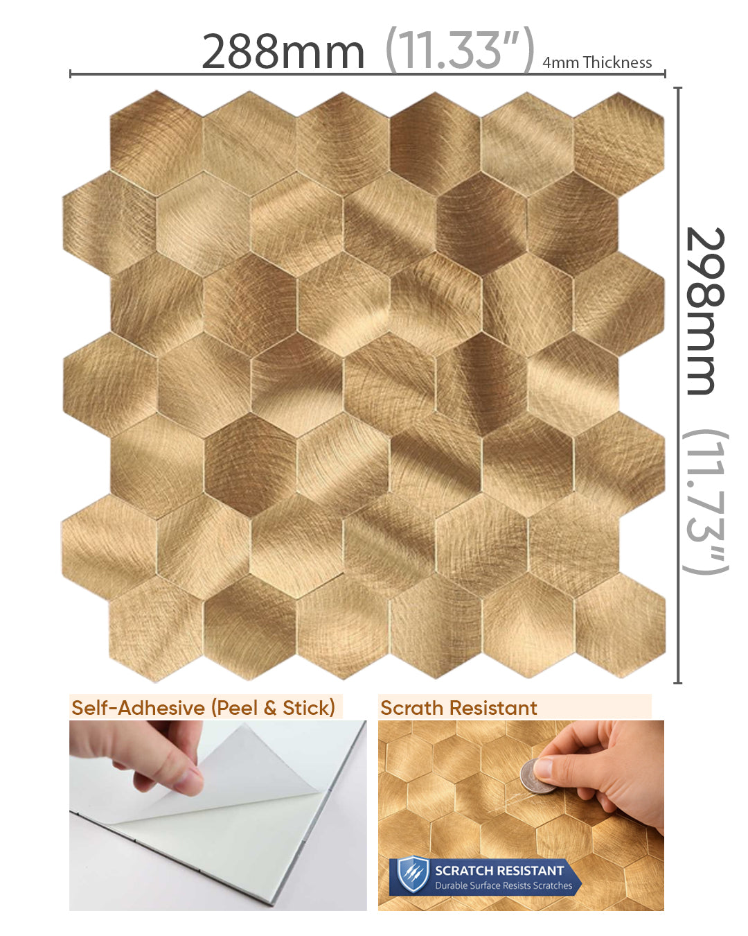 Hexa Gold | Peel & Stick Mosaic Tile Panel (288mm x 292mm / 11.3" x 11.5")