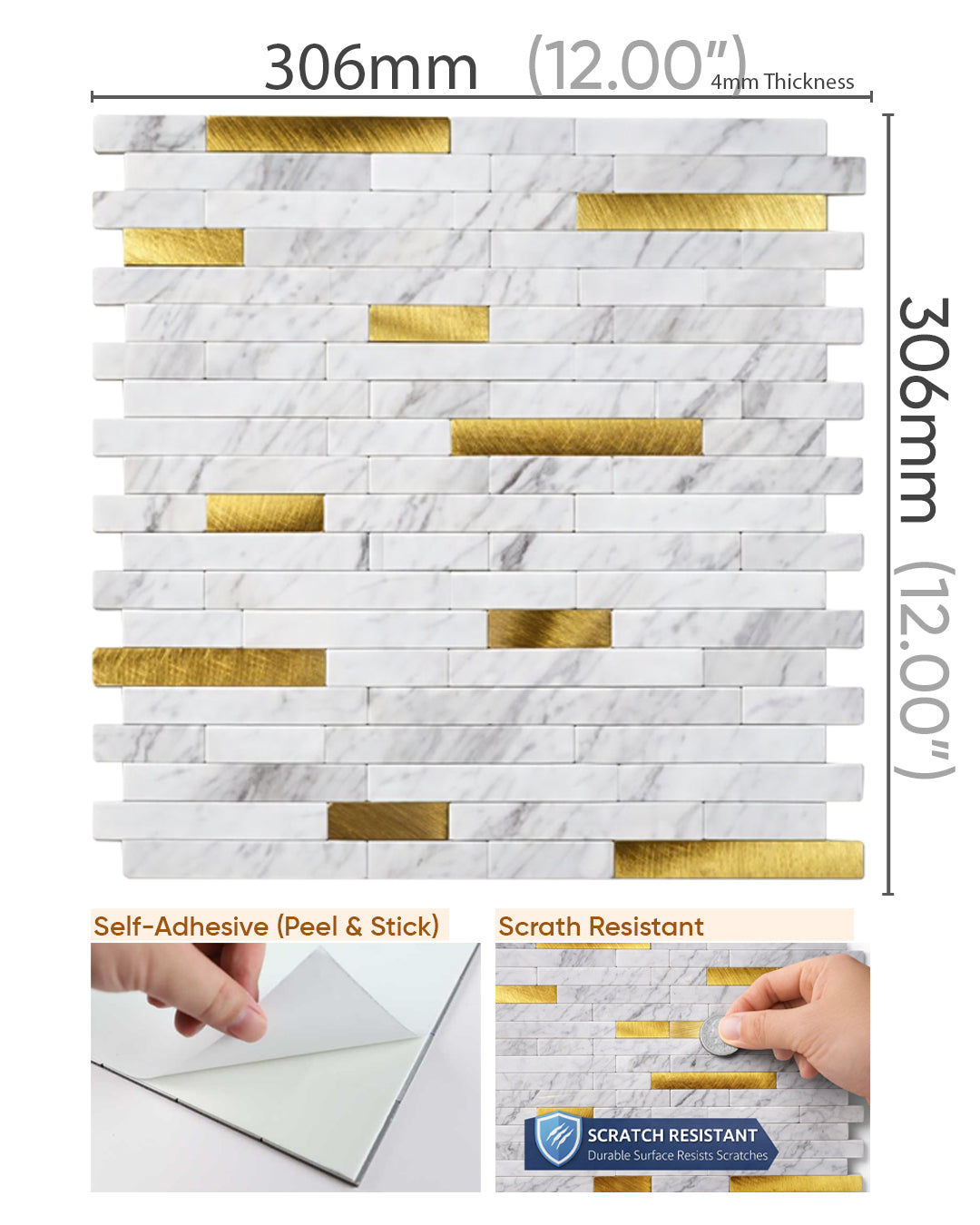PureLux Gold | Peel & Stick Mosaic Tile Panel (292mm x 297mm / 11.5" x 11.7")