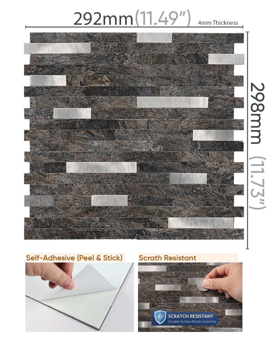 Steel Rock Mosaic | Peel & Stick Mosaic Tile Panel (292mm x 297mm / 11.5" x 11.7")