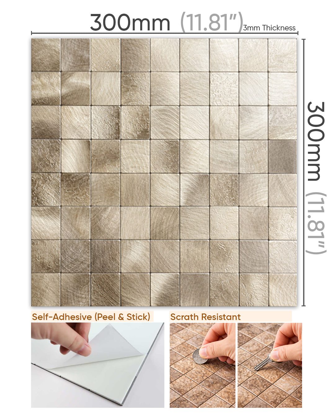 Golden Square | Peel & Stick Mosaic Tile Panel (30cm x 30cm / 11.8" x 11.7")