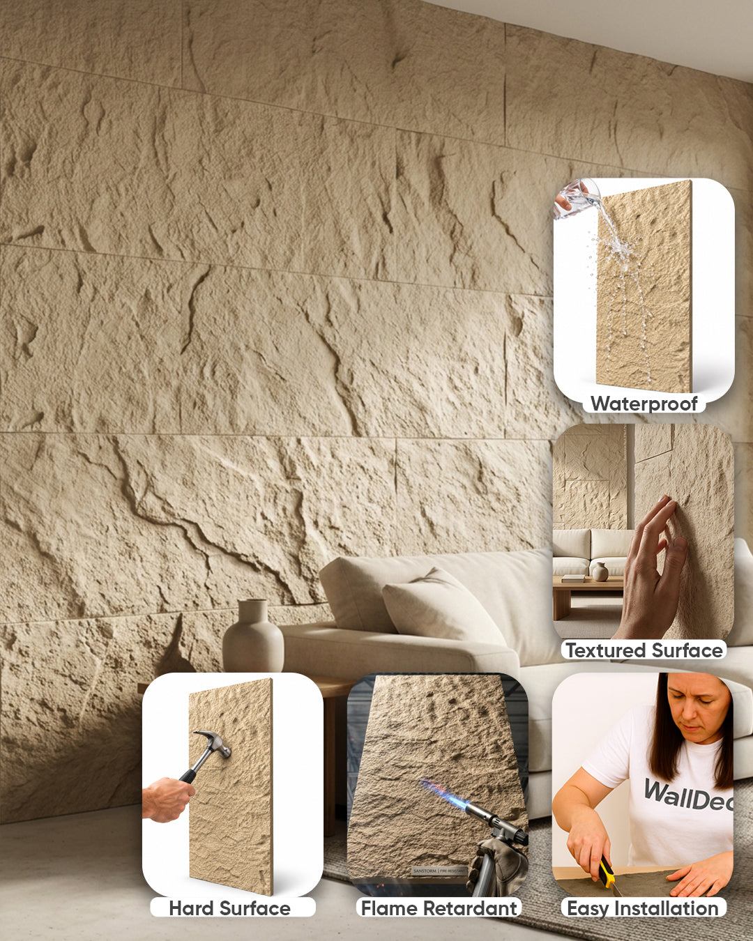 Sandstorm Stone Rock Effect Wall Panels 120x60cm (47.24" x 23.62")